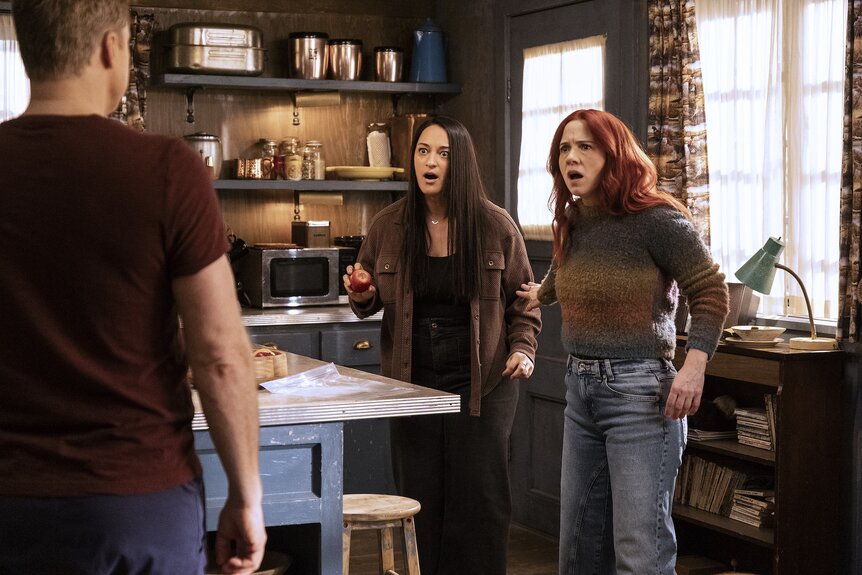 Asta Twelvetrees (Sara Tomko) and D'Arcy Bloom (Alice Wetterlund) a[[ear shocked on Resident Alien Episode 404.