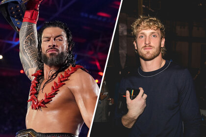 Split image of Logan Paul and Roman Reigns