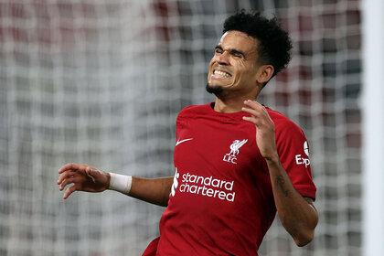 Luis Diaz of Liverpool reacts during the UEFA Champions League group A match between Liverpool FC and Rangers FC