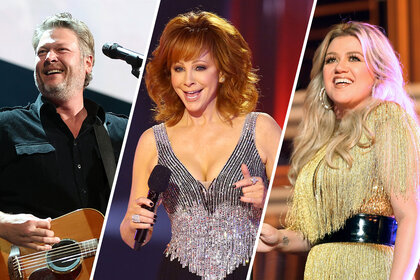 Split image of Blake Shelton, Reba McEntire, and Kelly Clarkson