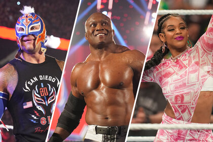 Split image of Rey Mysterio, Bobby Lashley, and Bianca Belair