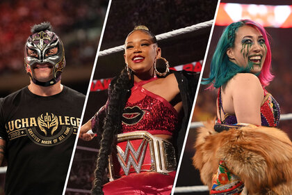 Split image of Rey Mysterio, Bianca Belair, Asuka