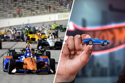 Split image of an IndyCar race and a hot wheels toy car