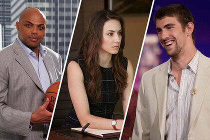 Split image of Charles Barkley, Troian Bellisario, and Michael Phelps