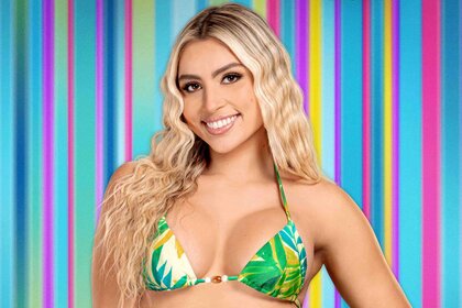 Andrea from Love Island USA Season 6 in a bikini top in front of a striped background