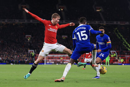 Rasmus Hojlund of Manchester United battles with Nicolas Jackson of Chelsea during the Premier League match between Manchester United and Chelsea FC