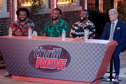 The New Day and Cody Rhodes sit during the Thrill Ride prank