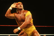 Hulk Hogan interacts with the crowd before a match.