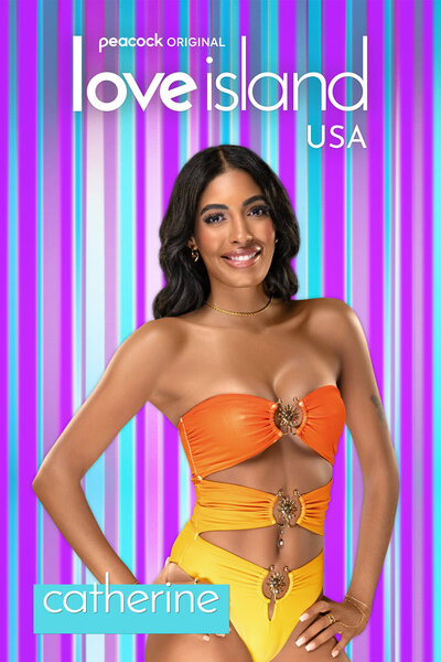 Love Island Season 6 Bombshell Catherine in front of a colorful striped background