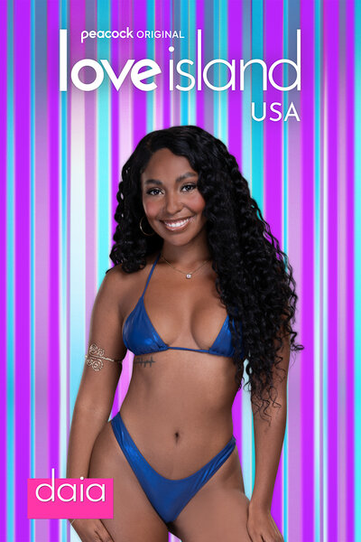 Love Island Season 6 Bombshell Daia in front of a colorful striped background
