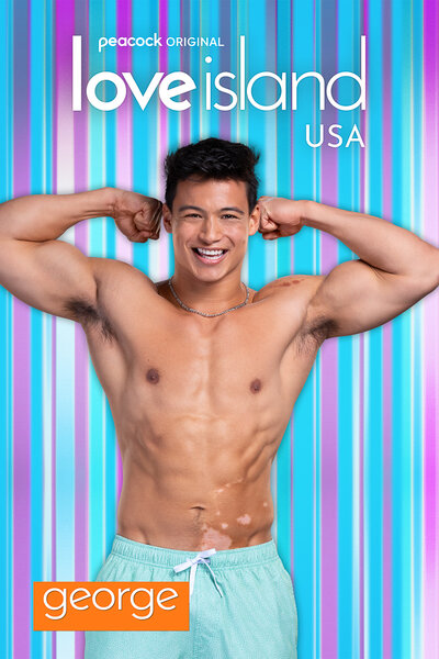 Love Island Season 6 Bombshell George in front of a colorful striped background