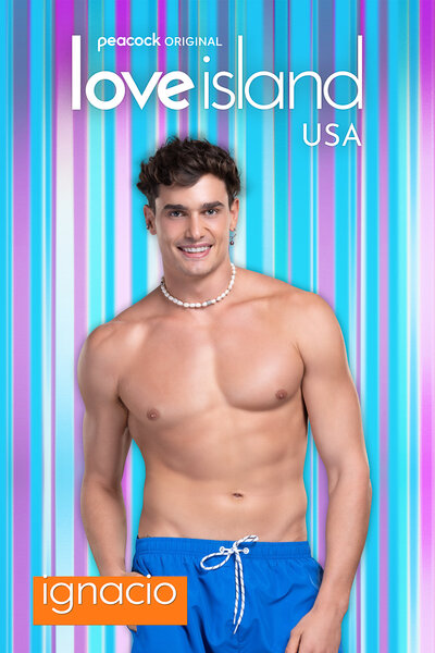 Love Island Season 6 Bombshell Ignacio in front of a colorful striped background