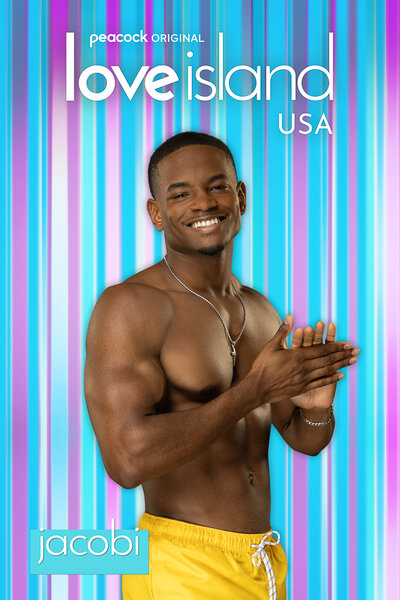 Love Island Season 6 Bombshell Jacobi in front of a colorful striped background