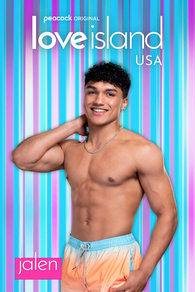 Love Island Season 6 Bombshell Jalen in front of a colorful striped background