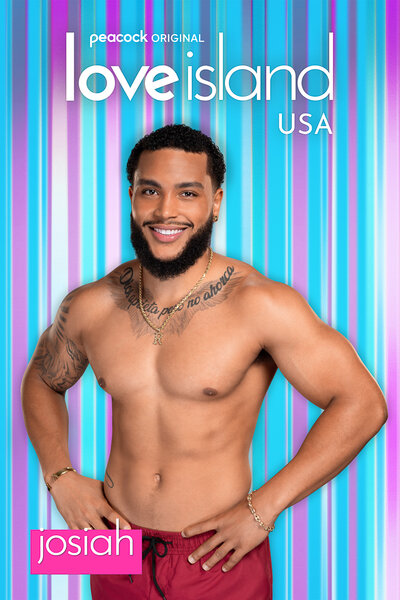 Love Island Season 6 Bombshell Josiah in front of a colorful striped background