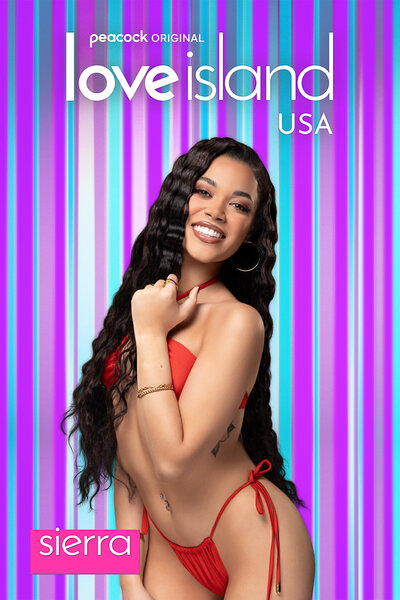 Love Island Season 6 Bombshell Sierra in front of a colorful striped background