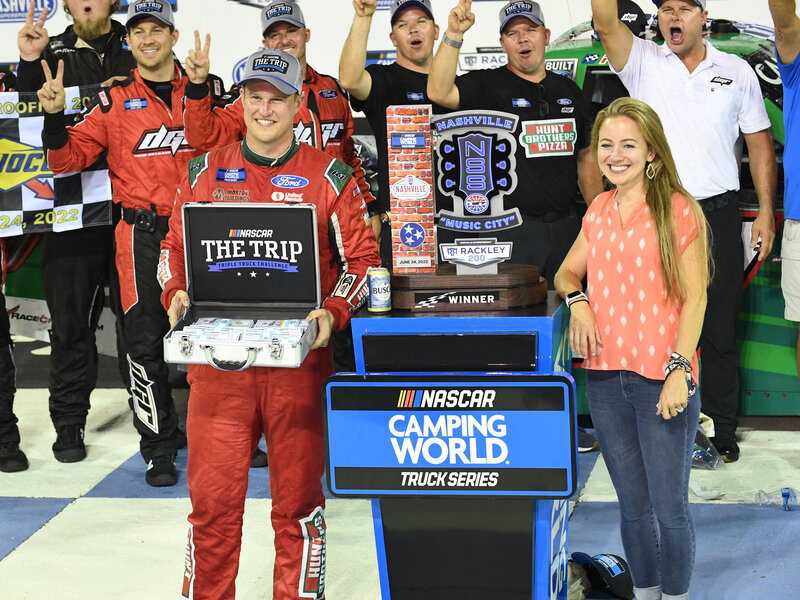 Ryan Preece and his wife Heather celebrate after the running of the NASCAR Camping World Truck Series