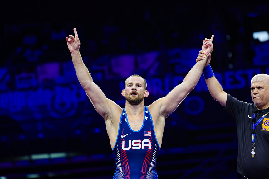 David Morris Taylor of USA celebrates after winning a match