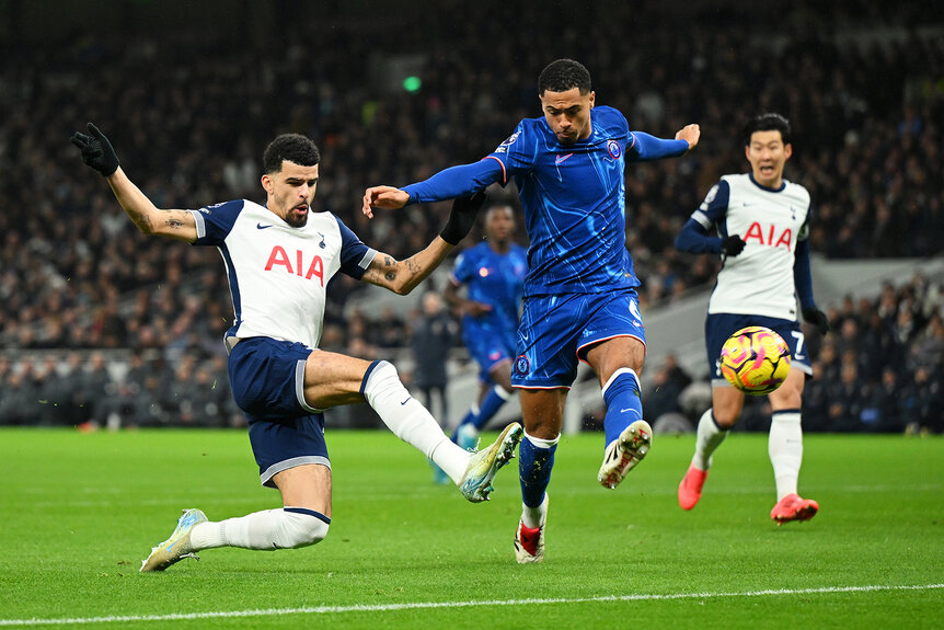 Dominic Solanke of Tottenham Hotspur scores a goal during the Premier League match between Tottenham Hotspur FC and Chelsea FC